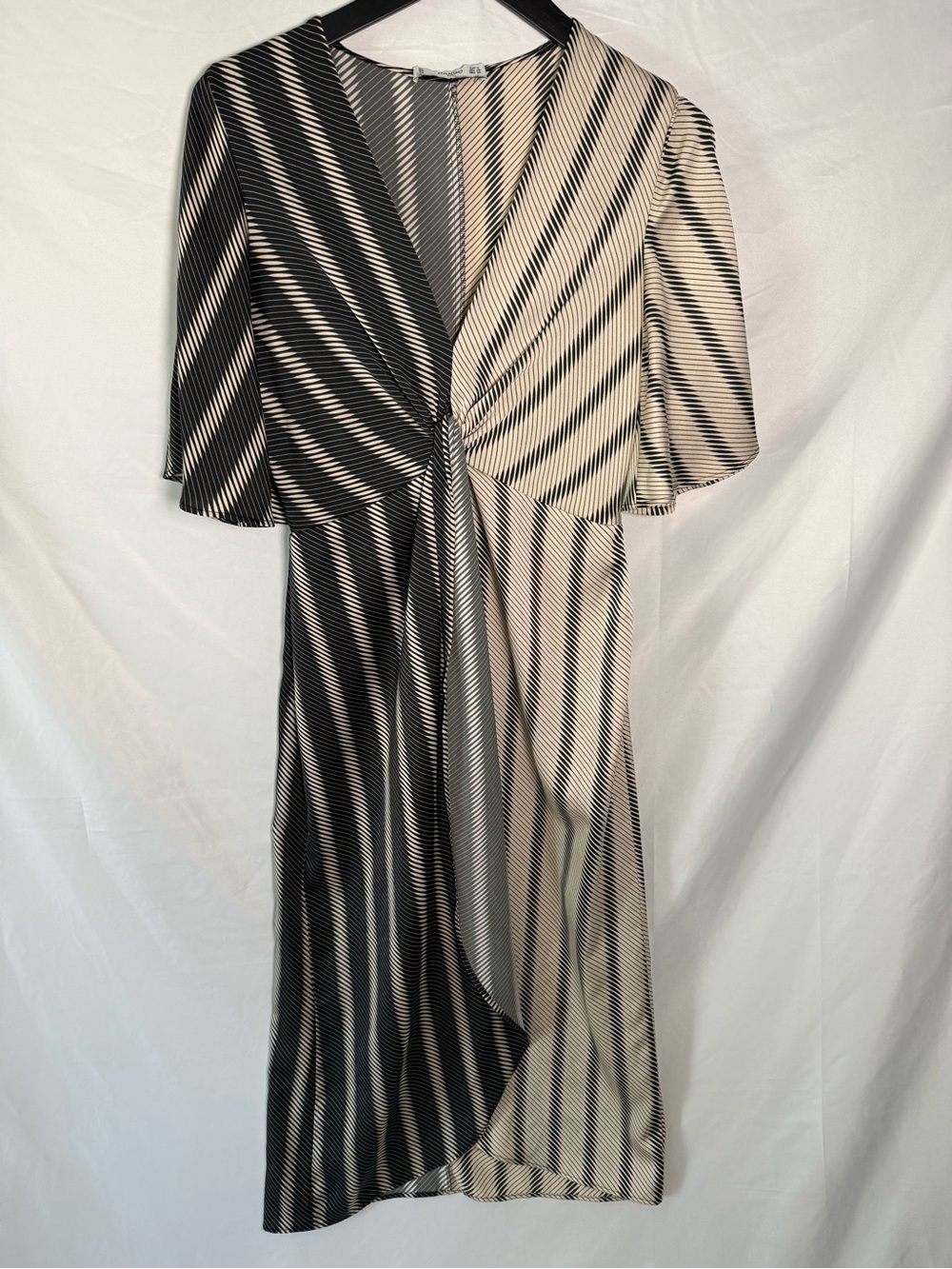 Mango Striped Twist Front Faux Wrap Midi Dress Size XS Black/Beige